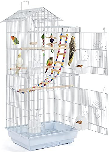 Yaheetech Large Metal Bird Cage Roof Top Parrot Cage Budgie Cage for Cockatiel/Conure/Parakeet/Lovebird/Finch White 99cm