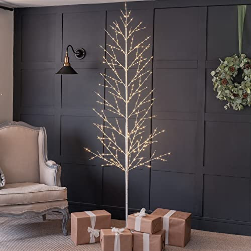 Christow White Twig Tree With Lights 7ft, Light Up Outdoor Christmas Tree, Pre Lit Indoor Birch, Warm White Micro LED, Mains Operated (424 LED)
