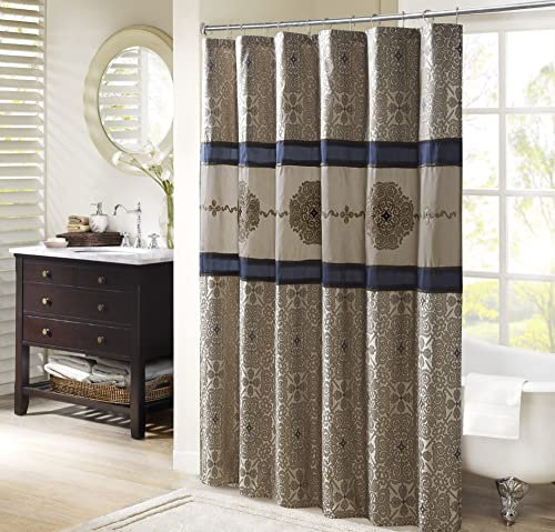 Madison Park Donovan - Tenda da doccia ricamata, motivo jacquard intrecciato, decorazione tradizionale per il bagno, lavabile in lavatrice, schermo privacy in tessuto, 72 x 72 cm, blu navy