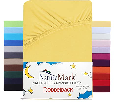 NatureMark 2er Set Kinder Spannbettlaken Jersey, Spannbetttuch 100% Baumwolle, für Babybett und Kinderbett | 70x140 cm - Gelb