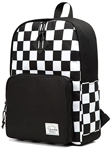 VASCHY Schulrucksack Teenager, Rucksack Damen Reiserucksack Casual Backpack Wasserdicht Leicht Rucksäcke für Kinder Junge Mädchen, Schwarz-weißes Karomuster