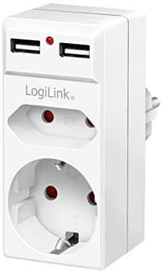 LogiLink PA0276 - Steckdosenadapter (Stecker: CEE7/7) mit Schutzkontaktbuchse (CEE7/3) + 1x Eurobuchse (CEE7/16) + 2x USB-A