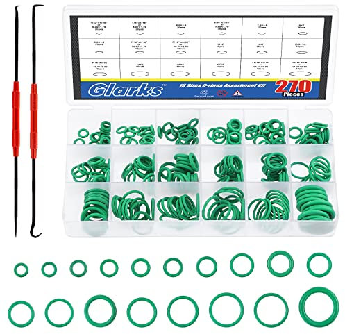 Glarks 270Pcs 18 Größen Grüner Gummi O-Ring mit 2-Pcs Mini Spezialpräzision Pick und Haken Sortiment Kit für Auto Auto Fahrzeug Reparatur Klimaanlage Kompressor Dichtungen