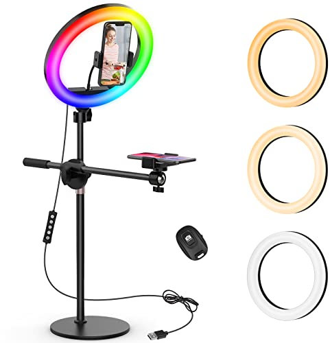 Luce ad anello per selfie con supporto e 2 supporti per telefono, supporto per fotocamera aerea per iPhone. 10,5 RGB RingLight con treppiede e telecomando per registrazione video, computer,