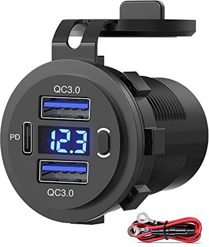 SUTNSCW Dual USB Quick Charge 3.0 Port & PD USB C Car Charger Socket, 12V USB Outlet with Voltmeter and Power Switch for Car Boat Marine Truck