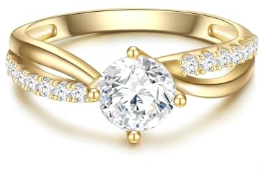 Trilani Damen Ring 925/- Sterling Silber gelbgold | gelbvergoldet 14 Karat, Solitärring, Zirkonia, weiß, Brillantschliff