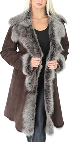 Divergent Retail DR220 Damen Mantel Lammfell Lammfell Lang Italienisch Schaffell Leder Braun, Braun, 46