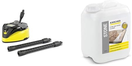 Kärcher Flächenreiniger T-Racer T 7 Plus (Spritzwasserschutz, für große Flächen, Zwei Flachstrahldüsen) & Stein- und Fassadenreiniger (5 l), Stone Cleaner