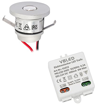 VBLED 1er Set 1W Mini-Einbauspot, Mini Spot IP65 Warmweiss Inkl.LED Trafo 12V DC