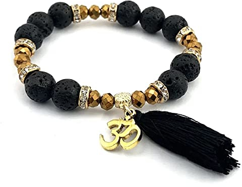 AB Viking Crafts Handgefertigtes Lava Stein schwarz Duft-Armband mit Mantra Om Aum Symbol in Geschenkbox | Glück Kraft Harmonie