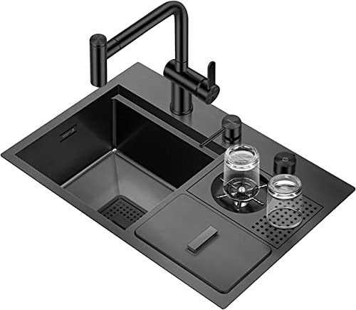 Fregadero De Cocina Fregadero Con Cubo De Basura Mostrador De Vidrio Fregadero De Acero Inoxidable Negro Nano Fregadero De Una Sola Mesa De Control Desagüe