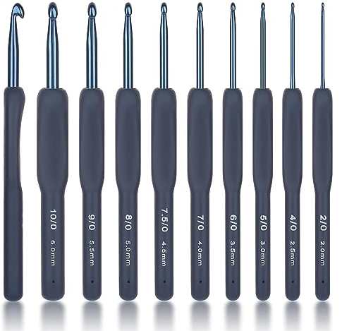 Coopay Set di 9 uncinetti ergonomici blu scuro con impugnatura morbida, in alluminio, per principianti/professionisti, set di uncinetti ergonomici per mani artritiche, accessori ideali per uncinetto