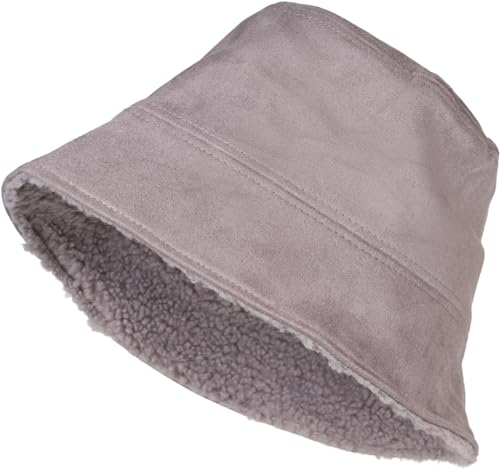 styleBREAKER Unisex Wende Fischerhut in Veloursleder Optik/Teddyfell, Warmer 2 in 1 Wendehut, Bucket Hat Herbst Winter 04025037, Farbe:Grau