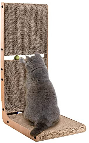 AUSCAT Cardboard Cat Scratcher, Vertical Cat Scratchers for Indoor Cats, 27.2 Inch/69 cm L-Shape Scratch Pad with Two Build-In Toy Balls