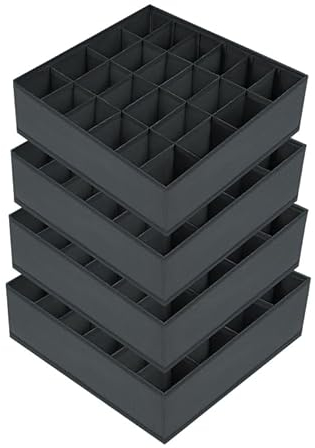 Joyoldelf 4 Stück Aufbewahrungsboxen für Socken und Unterwäsche, 24 Zellen Faltbare Boxen (Faltbox, Drawer Dividers, Schubladen Organizer Stoffboxen zum Aufbewahren von Socken(Dunkelgrau)
