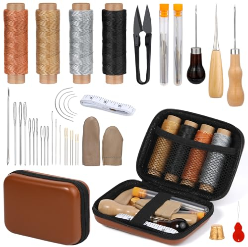 BUOKKON 39 Pcs Leather Sewing Tools Kit, Leather Needles Hand Sewing with Waxed Thread for Storage Bag, Leather Seat Repair Kit for DIY Sewing Craft
