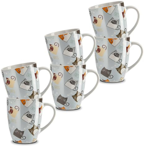 KHG 6er Set Kaffeebecher 300ml Volumen aus hochwertigem Steinzeug, Kaffeetasse mit Katzenprint, Kaffeebecher mit Henkel, spülmaschinengeeignet, mikrowellengeeignet