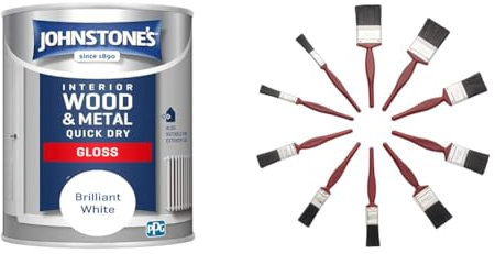 Johnstone's - Quick Dry Gloss - Brilliant White - Gloss Finish - Water Based & Fit For The Job 10 pc Mixed Sizes Paint Brush Set for a Smooth Finish with Emulsion, Gloss