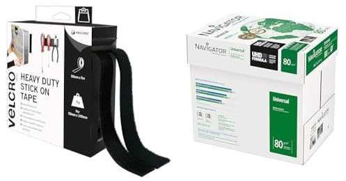 Velcro Brand Heavy Duty Stick On Tape Cut-to-Length Industrial Extra Strong Double Sided Hook & Navigator Universal A4 80gsm Paper - Box of 5 Reams (5x500 Sheets)