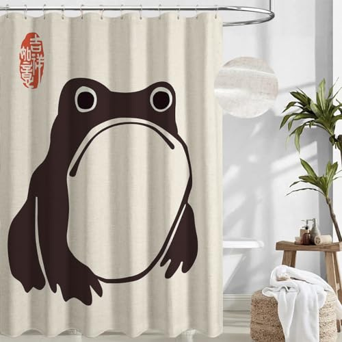 Duschvorhang aus Leinen, Motiv: Frosch, niedlich, für Badezimmer, Badewanne, strapazierfähig, 230 g/m², strukturierter Stoff, Leinen, Duschvorhang-Set, lustiges Tier-Design, modernes Bauernhosue