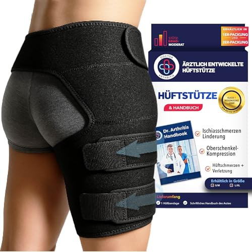 Dr. Arthritis Von Ärzten Entworfen Stabilisierende Oberschenkelbandage, Hüftgelenkstütze für Oberschenkelkompression, Hüftbandage, Rechtes Bein, Schwarz, S/M