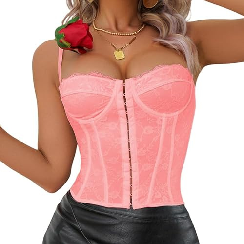 Haibang Corsetto da Donna Eleganta Pizzo Bustier con Spalline Sottili Fronte Aperto Disossato Corpetto Top Floreale Curvy Corsetto Bustino Sexy Canotta Regolabile Corset Bodyshaper Mode Clubwear