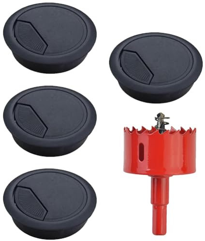 4 Piezas Pasacables Escritorio,60mm Tapa Pasacables Encastrable con 1 Sierra Perforadoras,Pasacables Mesa Oficina,Ojal de Cable de Escritorio Cubiertas Redondo Plástico,para Escritorios Oficina Hogar
