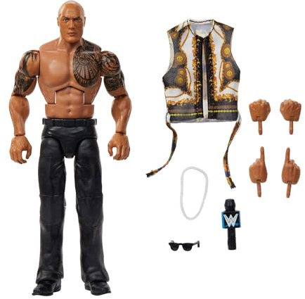 Mattel WWE Elite Actionfigur und Zubehör, Serie #115, ca. 15 cm große Sammelfigur The Rock mit 25 Bewegungspunkten und austauschbaren Händen, JCJ00, [Mehrfarbig]