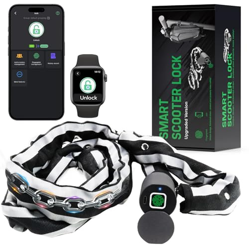 Electric Scooter Lock, Smart Bike Chain Lock Heavy Duty Anti-Theft, Fingerprint & App Unlock, Escooter Accessories with Waterproof Bag, Chain Lock for Bike, Bicycle, Scooter, Motorcycle, Gates C61