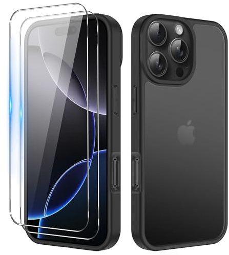 iCatchy Matte Case for iPhone 16 Pro Max 6.9-Inch 2x HD Screen Protector Tempered Glass Shockproof Military Grade Drop Protection, Frosted Translucent Back Phone Cover, Anti-Fingerprint Black