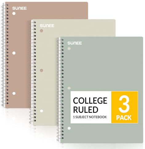 SUNEE Spiral Notebooks, 3 Pack, 1-Subject, College Ruled Paper, 8 x 10-1/2, 70 Sheets per Notebook, Assorted Aesthetic Colors Spiral Notebooks for School
