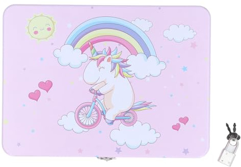 EMUKOEP Scatola Portaoggetti in Latta e Metallo con Coperchio e Lucchetto per Bambini, Motivo Arcobaleno, Regalo di Compleanno per Ragazzi e Ragazze, Decorazione