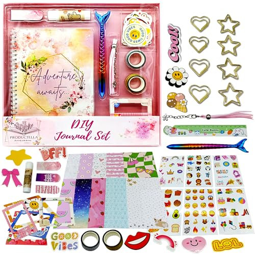 Productella Journal de scrapbooking pour fille, kit cadeau de scrapbooking, set de papeterie avec autocollants et accessoires, jouet d'anniversaire créatif pour les enfants de 5 à 13 ans