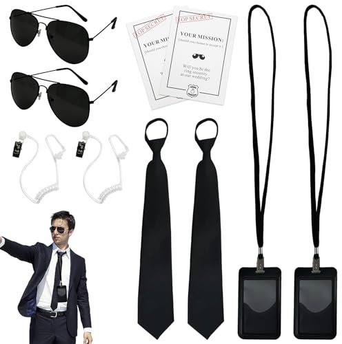 Agenten-Kostüm-Zubehör, 10 Stück, Geheimagenten-Zubehör, Sicherheitsbeamte für Herren, mit Krawatte, Sonnenbrille, Kartenhalter, Kopfhörerschlauch, Karte für Erwachsene, Kinder, Weltbuchtag Kostüm,