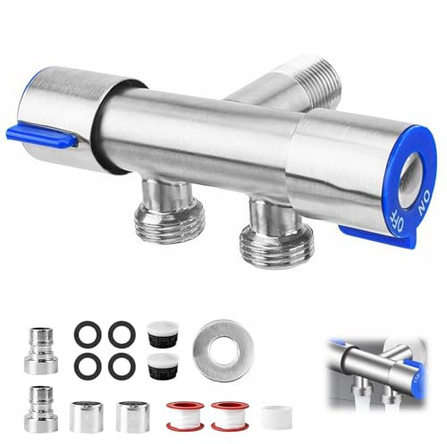 1 Pièces Robinet WC 3 Voies 1/2 Pouce, Robinet en Acier Inoxydable Inverseur Douche, avec 2 Raccords de Robinet, 2 Raccords à Vis de Tuyau et Autres Pièces, pour Salle Bain, Toilettes, Lavabo (argent)