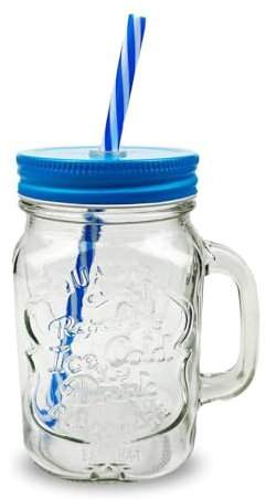 G4GADGET 1x Mason Jar with Handle - Blue (500ml) | Glass Drinking Cup with Lid & Straw | For Smoothies, Juices & Cold Beverages