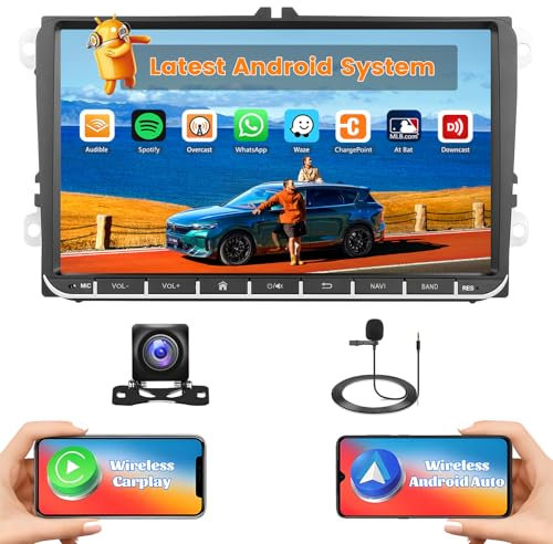 Hikity 2G+64G Autoradio Android 15 per VW Golf 5 Golf 6 Passat Tiguan Polo con Touch Screen da 9 Pollici, Radio 2 DIN con Wireless Carplay Android Auto Radio RDS/FM BT GPS WiFi SWC + Telecamera+MIC