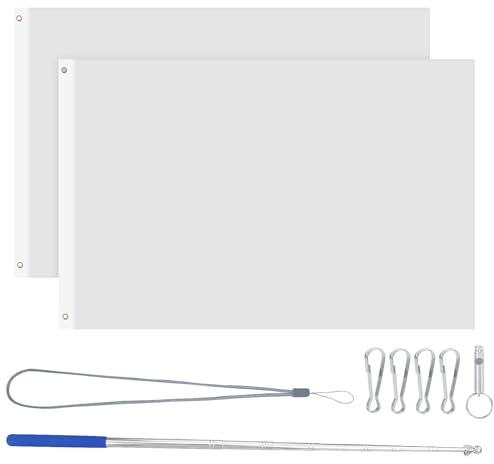 2 Pezzi 90 x 150 cm Striscione Bianco Verniciabile con asta 1,6 m, 4 ganci, 1 Fischietto e 1 cordino,Unita Banner Grande,Bandiera Personalizzata,Bandiere Bianche Resistente