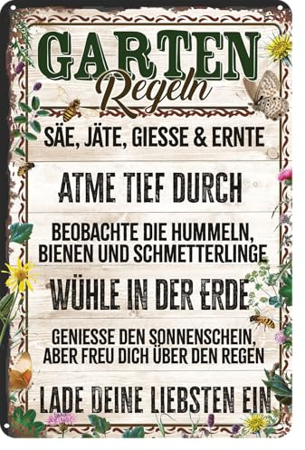 LUCKYLINDE Retro Garten Schild, wetterfestes Blechschild für Garten Fans, lustiger Spruch, Regeln, 20 x 30 cm (hell)