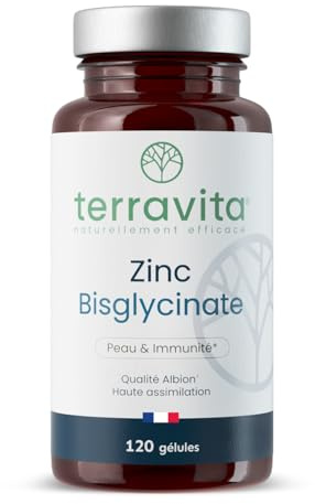 ZINC Bisglycinate PUR | Complément Alimentaire Premium ALBION® | 120 Gélules de 10 mg soit 100% des AR | Biodisponibilité Optimale | Peau Nette (Acnée) et Immunité | Made in France | Terravita