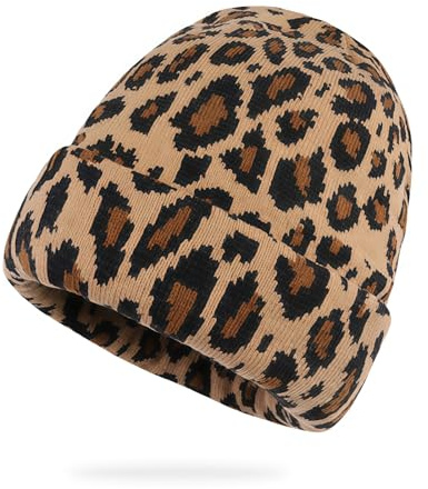 ZenithBurst Leopardenmuster Bommelmütze für Damen und Herren, Leo Print Wintermütze Wintermütze,Leopardenmuster Fischermütze, Warme Mütze Hut