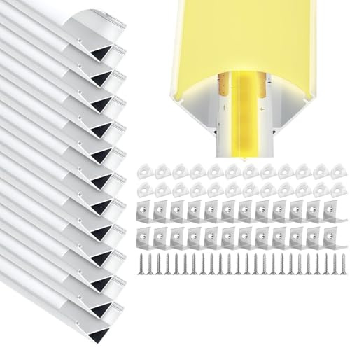 OUGPIU LED Eckprofil 12x1M Alu Profil für Streifen 10mm,Profil 45 Grad V Form eckleiste,Aluminium Schiene inkl. Diffusor und Halterung,Kanal für Ecke,Treppe,Schrank
