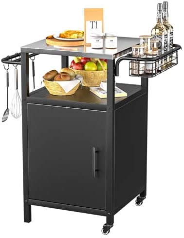 Yvsevnr Edelstahl Grillwagen 3-Etagen, Grilltisch Outdoor mit Schrank, Outdoorküche mit 2 Rollen, 4 Haken & Griff, Outdoor Grill Trolley, Grill Beistelltisch Servierwagen für Garten Picknicks Partys