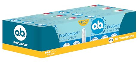 o.b. ProComfort normal 4-in-1 Schutz Tampons, 6 x 16 Stk | Tampons mit Extra Sanfter Spitze für Einfaches Einführen und Bis Zu 100% Auslaufschutz Ideal Für Sport und Alltag