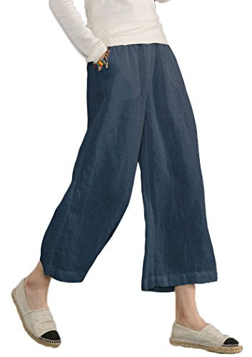 ECUPPER Ladies Plus Size High Waisted Cotton Pants Relaxed Wide Leg Cropped Leisure Trousers Dark Blue 5XL