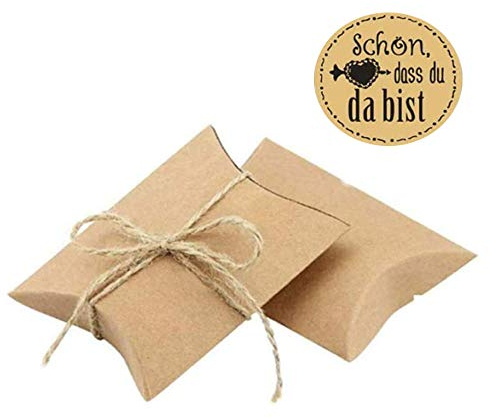 Anyasen 100 Stücke faltschachteln papierschachtel kleine schachteln Geschenkbox klein Geschenkschachtel Kraftpapier Gastgeschenk Hochzeit Klein Geschenkboxen mit Aufkleber sticker und Juteschnur