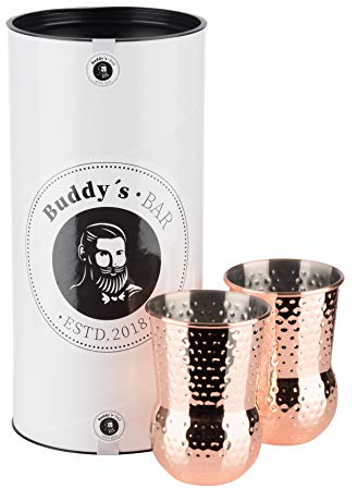 Buddy´s Bar - 2 Julep Mug Becher, 2 x 400 ml Cocktail-Becher mit Hammerschlag-Effekt, hochwertige Edelstahl-Becher, lebensmittelecht, gehämmert, inkl. Geschenkbox, 2er Set, Kupfer poliert