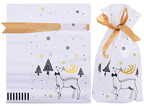Weihnachten Geschenkbeutel mit Kordelzug,50 stücke Urlaub Rot Rentier Weihnachts Paket Geschenk Süßigkeiten Süße Tasche Kunststoff Weihnachten Goody Bags für Hochzeitstag Frohe Weihnachten (C)