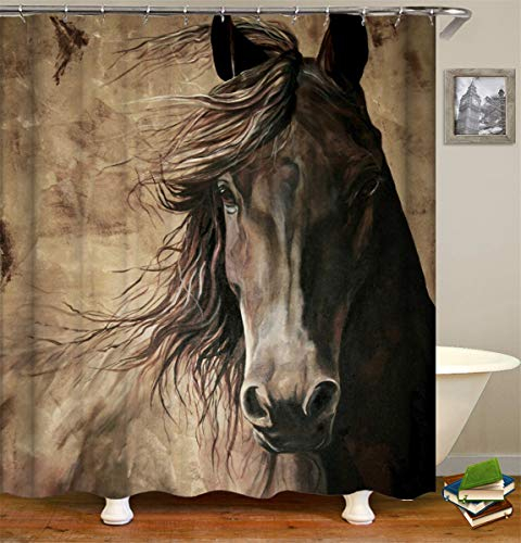 FANSU Duschvorhang Wasserdicht Anti-Schimmel Anti-Bakteriell, 3D Drucken 100% Polyester Bad Vorhang für Badzimmer mit C-Form Kunststoff Haken (Pferd,120x180cm)