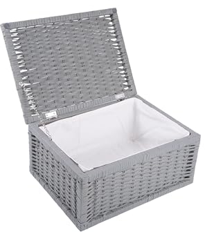 green leaves Grey Wicker Basket and Gifts Hamper with Lid and Liner Underbed Storage Collection at Home and Office Bedroom Living room Dresser Window Display Retail Shop Reusable (Medium) M